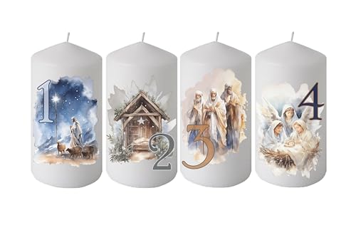 wolga-kreativ moderne bedruckte Adventskerzen Kerzen mit Zahlen kirchlich biblische Motive Stumpenkerze-n Adventsset als Geschenk oder für eigenen Adventskranz von wolga-kreativ