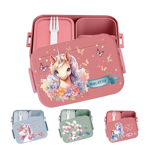 wolga-kreativ personalisierte Mepal Brotdose Einhorn - Vesperdose Kinder, Jausenbox Mädchen, Lunchbox mit Fächern, Kindergarten Schule Einschulung von wolga-kreativ