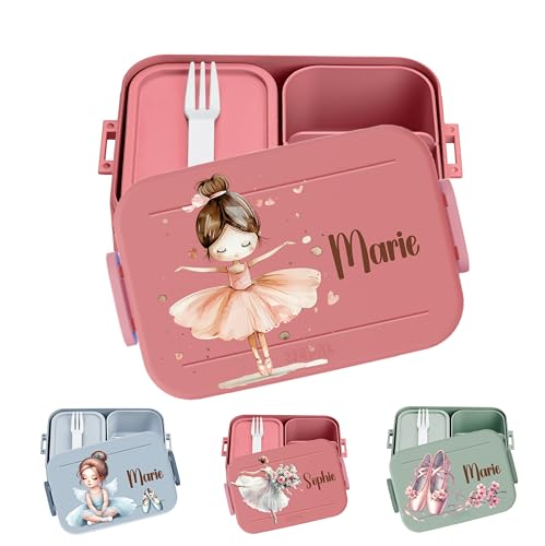 wolga-kreativ personalisierte Mepal Brotdose mit Balerina Motiv - Lunchbox Schule, Jausenbox Kindergarten,Brotbüchse Einschulung, Vesperdose mit Fächern von wolga-kreativ