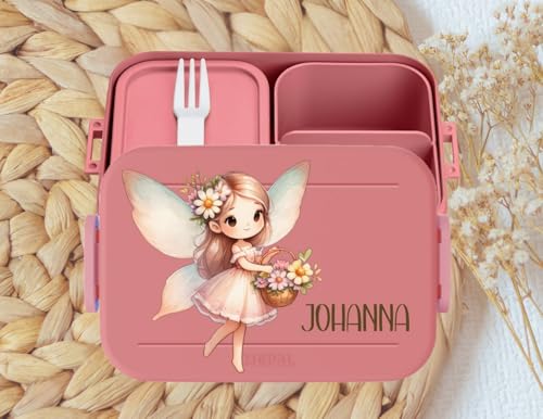 wolga-kreativ personalisierte Mepal Brotdose Kinder mit Fächern mit Fee Blumen Jausenbox Mädchen Kindergarten, Pausenbox Schule, Vesperdose Geschenk Einschulung von wolga-kreativ