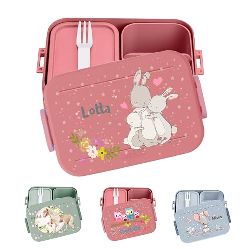 wolga-kreativ personalisierte Mepal Brotdose mit Fächern Hasen Motiv - Lunchbox Kinder, Jausenbox Brotbox Schule Kindergarten Geschenk Einschulung von wolga-kreativ