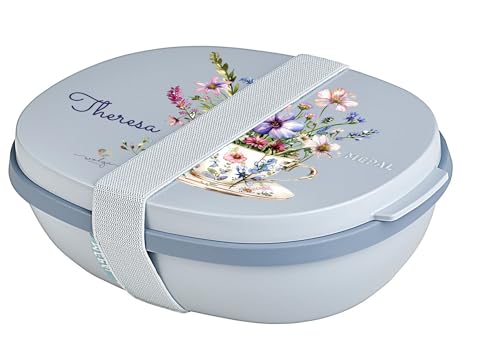 wolga-kreativ personalisierte auslaufsicherer Lunchbox Erwachsene Salatdose Bowlbox to go mit Blumentasse Motiv Salatschale Brotzeitbox Vesperdose mit Namen 2 Unterteilung Fächer bedruckt von wolga-kreativ