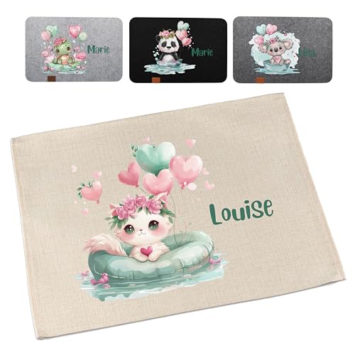 Tischset Kinder personalisiert mit Tier-Motiven & Luftballons – Kuh, Panda, Katze, Koala, Schildkröte, Seehund | Platzdeckchen mit Namen | Platzset waschbar & abwischbar Frühstücksdeckchen Schule von wolga-kreativ