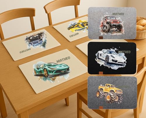 Tischset Kinder personalisiert mit Auto-Motiven – Rennwagen, Monstertruck, Geländewagen | Platzdeckchen mit Namen | Platzset waschbar & abwaschbar Frühstücksdeckchen Jungen von wolga-kreativ