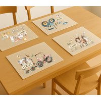 Tischset, Tischunterlage, Platzdeckchen Kind Mit Namen - Bauernhof Motiv Traktor, Pferd, Hühnern & Mäusen Frühstücksunterlage Essmatte von wolgakreativ