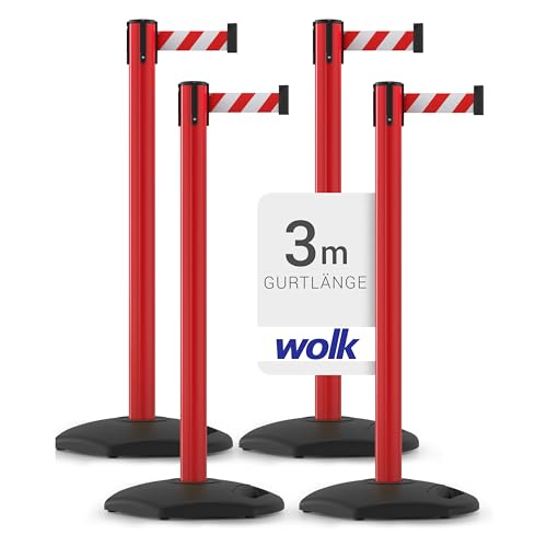 Gurtpfosten - 4er Set - Pfostenhöhe: 92,5 cm, Gurtlänge: 3,0 m, Gurtbandbreite: 4,8 cm - Kunststoffpfosten: rot, Gurtfarbe: rot/weiß - wolk von wolk