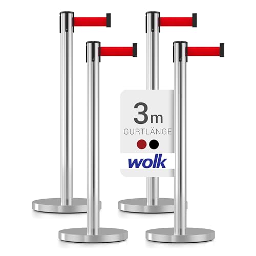 Gurtpfosten Edelstahl hochglanzpoliert - 4er Set - Pfostenhöhe: 98,0 cm, Gurtlänge: 3,0 m, Gurtbandbreite: 4,8 cm - Gurtfarbe: rot von wolk