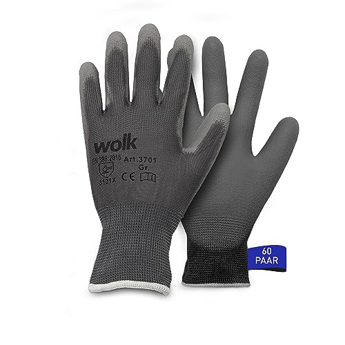 wolk Arbeitshandschuh - Größe: 10 - Anzahl: 60 Paar - PU Beschichtung - Feinstrickhandschuh - Farbe: Grau - Schutzhandschuh - Montagehandschuh von wolk