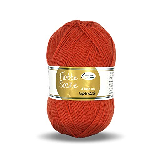 Rellana Flotte Socke uni,100 Gr. 4-fädige Sockenwolle, 75% Schurwolle(Superwash)/25% Polyamid, (940 kupfer) von wolldealer 24