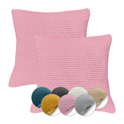 2er Set Kissenbezüge Strick 45x45 cm rosa - Reißverschluss Oeko-TEX Sofakissen Dekokissen warme weiche Kissenhülle mit edlem und schlichtem Strickmuster rosa von wometo