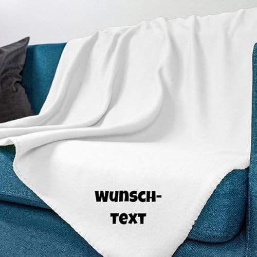 wometo Fleecedecke OekoTex - personalisert mit Name oder Wunschtext hochwertiger Flock-Druck - 130x160 ca. 400g wertiges Gewicht mit Anti-Pilling Kettelrand weiß von wometo