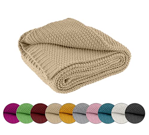 wometo Kuscheldecke Strick 140x190 beige - Strickdecke oekoTex warme weiche Decke mit edlem und schlichten Strickmuster von wometo