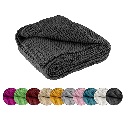 wometo Kuscheldecke Strick 140x190 dunkelgrau - Strickdecke oekoTex warme weiche Decke mit edlem und schlichten Strickmuster von wometo