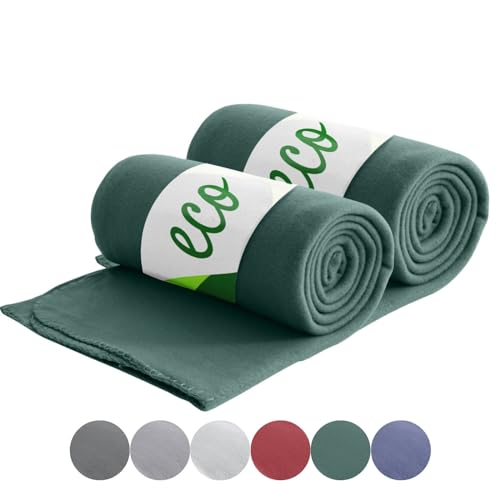 wometo 2er Set Eco Fleecedecken aus 100% recyceltem Material + OekoTex und GRS Zertifiziert 130x160 cm ca. 400 g - dunkelgrün mit Anti-Pilling und Kettelrand von wometo