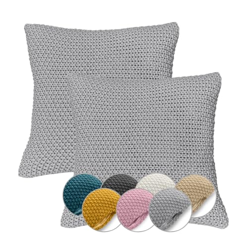wometo 2er Set Kissenbezüge Strick 45x45 grau hellgrau - Reißverschluss Oeko-TEX Sofakissen Dekokissen warme weiche Kissenhülle mit edlem und schlichtem Strickmuster von wometo