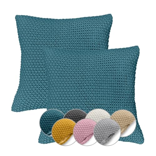 wometo 2er Set Kissenbezüge Strick 45x45 türkis - Reißverschluss Oeko-TEX Sofakissen Dekokissen warme weiche Kissenhülle mit edlem und schlichtem Strickmuster von wometo