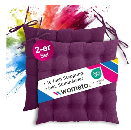 wometo 2er Set Sitzkissen Stuhl 40x40 Oeko-TEX - Beere violett Sitzpolster Stuhlkissen mit Bändern/Schleifen für Indoor und Outdoor (2 Stück) von wometo