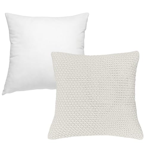 wometo Dekokissen-Set Strick Kissenbezug 45x45 mit Innenkissen und Federkissen Füllung weiß - Reißverschluss Oeko-TEX Sofakissen warme Kissenhülle mit Strickmuster von wometo