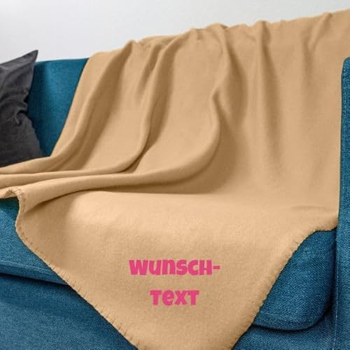 wometo Fleecedecke OekoTex - personalisert mit Name oder Wunschtext hochwertiger Flock-Druck - 130x160 ca. 400g wertiges Gewicht mit Anti-Pilling Kettelrand beige von wometo