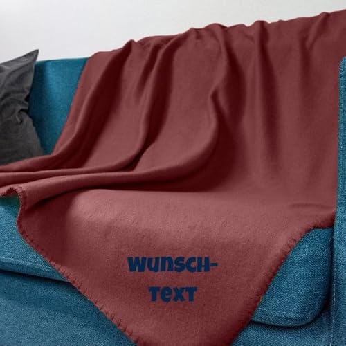 wometo Fleecedecke OekoTex - personalisert mit Name oder Wunschtext hochwertiger Flock-Druck - 130x160 ca. 400g wertiges Gewicht mit Anti-Pilling Kettelrand weinrot von wometo