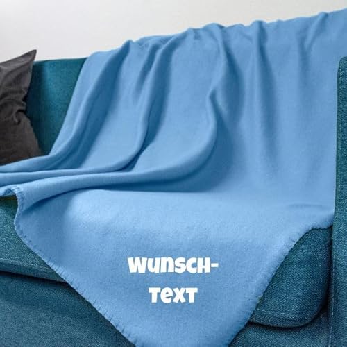 wometo Fleecedecke OekoTex - personalisert mit Name oder Wunschtext hochwertiger Flock-Druck - 130x160 ca. 400g wertiges Gewicht mit Anti-Pilling Kettelrand blau Mittelblau von wometo