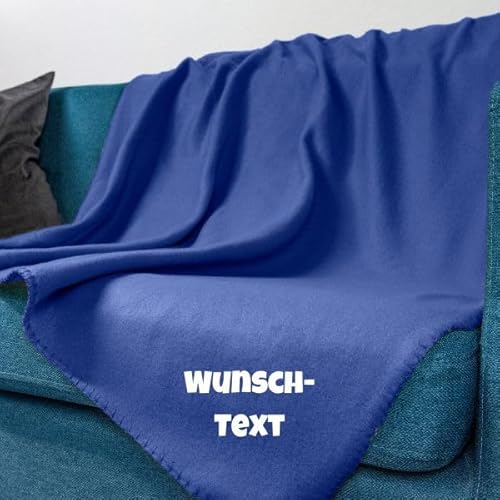 wometo Fleecedecke OekoTex - personalisert mit Name oder Wunschtext hochwertiger Flock-Druck - 130x160 ca. 400g wertiges Gewicht mit Anti-Pilling Kettelrand blau dunkelblau von wometo