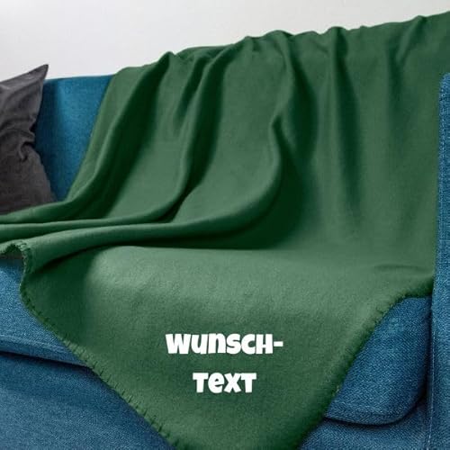 wometo Fleecedecke OekoTex - personalisert mit Name oder Wunschtext hochwertiger Flock-Druck - 130x160 ca. 400g wertiges Gewicht mit Anti-Pilling Kettelrand dunkelgrün grün von wometo