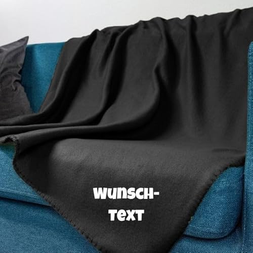 wometo Fleecedecke OekoTex - personalisert mit Name oder Wunschtext hochwertiger Flock-Druck - 130x160 ca. 400g wertiges Gewicht mit Anti-Pilling Kettelrand schwarz von wometo