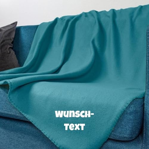 wometo Fleecedecke OekoTex - personalisert mit Name oder Wunschtext hochwertiger Flock-Druck - 130x160 ca. 400g wertiges Gewicht mit Anti-Pilling Kettelrand türkis von wometo