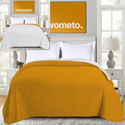 wometo Tagesdecke 170x210 cm OekoTex - Microfaser-Bezug gelb hellgrau wattiert gesteppt Wende-Design XXL Sofa Couch Bett Bettüberwurf von wometo