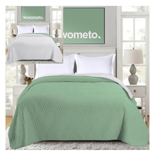 wometo Tagesdecke 170x210 cm OekoTex - Microfaser-Bezug grün hellgrau wattiert gesteppt Wende-Design XXL Sofa Couch Bett Bettüberwurf von wometo