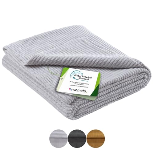 wometo eco-line Strickdecke 140x190 - GRS Zertifiziert 60% recycelt Oeko-TEX weiß grau hellgrau melierte Kuscheldecke von wometo