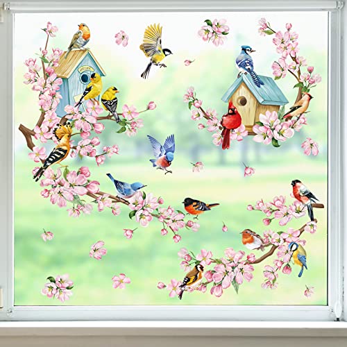 wondever Fenstersticker Blumen AST Fenster Aufkleber Kirschblüte Vögel auf Baum Ast Fensteraufkleber Anti-Kollision Doppelseitig Glasaufkleber Glas Deko von wondever