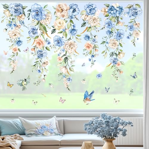 wondever Fenstersticker Blumen Rebe Blau Fenster Aufkleber Hängende Blumen Pfingstrose Fensterbilder Fensteraufkleber Anti-Kollision Doppelseitig Glasaufkleber Glas Deko von wondever
