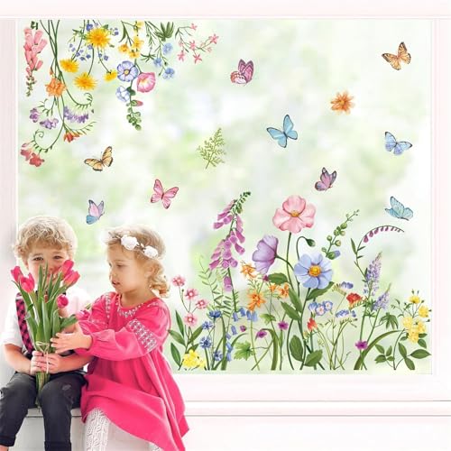 wondever Fenstersticker Garten Blumen Fenster Aufkleber Mohnblume Schmetterling Fensterbilder Fensteraufkleber Anti-Kollision Doppelseitig Glasaufkleber Frühling Sommer Glas Deko von wondever