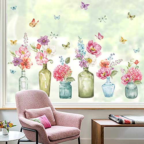 wondever Fenstersticker Garten Blumen Vasen Fenster Aufkleber Rosa Blumen Schmetterlinge Fensteraufkleber Anti-Kollision Doppelseitig Glasaufkleber Frühling Sommer Glas Deko von wondever