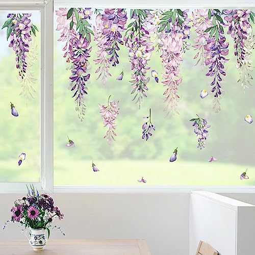 wondever Fenstersticker Hängende Blumen Rebe Fenster Aufkleber Lila Blumen Pflanzen Fensterbilder Fensteraufkleber Anti-Kollision Doppelseitig Glasaufkleber Glas Deko von wondever