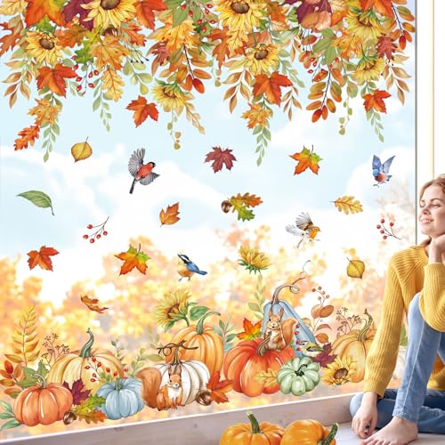 wondever Fenstersticker Herbst Sonnenblume Fenster Aufkleber Harvest Kürbis Hängende Blumen Fensterbilder Fensteraufkleber Anti-Kollision Doppelseitig Glasaufkleber Glas Deko von wondever