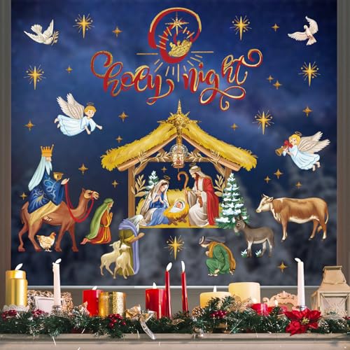 wondever Fenstersticker Nativity Krippe Jesus Fenster Aufkleber Weihnachtsaufkleber Weihnachtskrippe Fensterbilder Fensteraufkleber Anti-Kollision Doppelseitig Glasaufkleber Weihnachten Deko von wondever