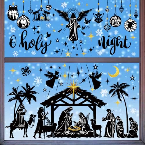 wondever Fenstersticker Nativity Krippe Schwarz Fenster Aufkleber Jesus Geburt Religiöse Fensterbilder Fensteraufkleber Anti-Kollision Doppelseitig Weihnachtsfensterbilder Weihnachten Deko von wondever