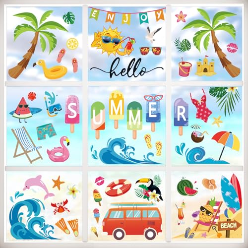wondever Fenstersticker Sommer Strand Palme Baum Fenster Aufkleber Meereswelle Getränke Früchte Fensterbilder Fensteraufkleber Anti-Kollision Doppelseitig Glasaufkleber Sommer Glas Deko von wondever
