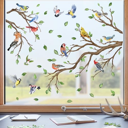 wondever Fenstersticker Vögel auf Ast Fenster Aufkleber Bunte Vögel Baum-Ast Zweig Fensterbilder Fensteraufkleber Anti-Kollision Doppelseitig Glasaufkleber Frühling Sommer Glas Deko von wondever