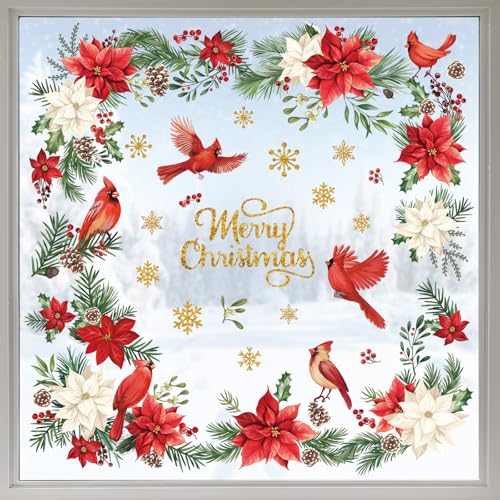 wondever Fenstersticker Weihnachten Blumen Kardinal Vögel Fenster Aufkleber Weihnachtsblumen Blätter Fensterbilder Fensteraufkleber Anti-Kollision Doppelseitig Glasaufkleber Weihnachten Deko von wondever
