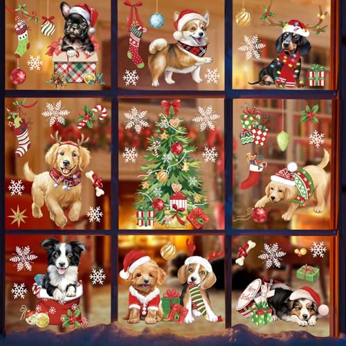 wondever Fenstersticker Weihnachten Welpen Haustiere Fenster Aufkleber Weihnachten Hunde Weihnachtsbaum Fensterbilder Fensteraufkleber Anti-Kollision Doppelseitig Glasaufkleber Weihnachten Deko von wondever