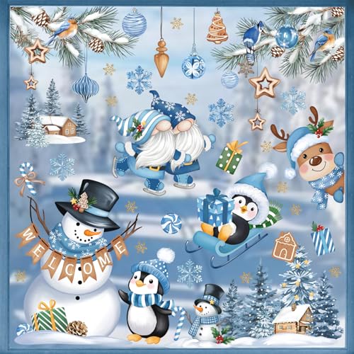 wondever Fenstersticker Weihnachten Winter Blau Fenster Aufkleber Pinguine Gnom Schneemann Kiefer Baum Fensterbilder Fensteraufkleber Anti-Kollision Doppelseitig Glasaufkleber Weihnachten Deko von wondever