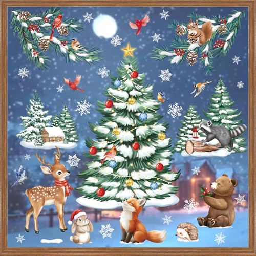 wondever Fenstersticker Weihnachtsbaum Tiere Fenster Aufkleber Weihnachten Winter Elch Bär Fensterbilder Fensteraufkleber Anti-Kollision Doppelseitig Glasaufkleber Weihnachten Deko von wondever