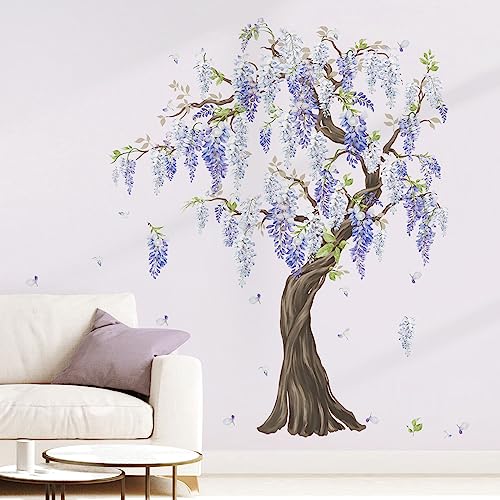 wondever Wandtattoo Baum Groß Blumen Lila Wandaufkleber Hängende Blumen Blumenranke Wandsticker Wanddeko für Schlafzimmer Wohnzimmer Sofa TV Hintergrund (H:153cm) von wondever