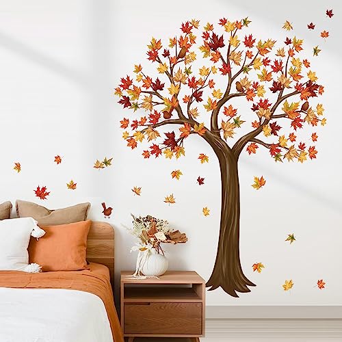 wondever Wandtattoo Baum Groß Herbst Wandaufkleber Herbstblätter Vögel Wandsticker Wanddeko für Wohnzimmer Schlafzimmer Sofa TV Hintergrund (H: 156cm) von wondever