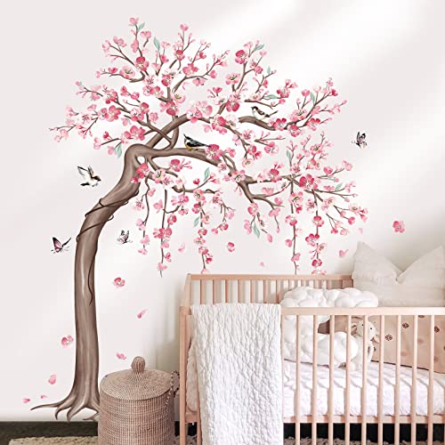 wondever Wandtattoo Baum Groß Kirschblüte Wandaufkleber Blumen Rosa Vögel auf Ast Wandsticker Wanddeko für Wohnzimmer Schlafzimmer Sofa Hintergrund (H: 162cm） von wondever