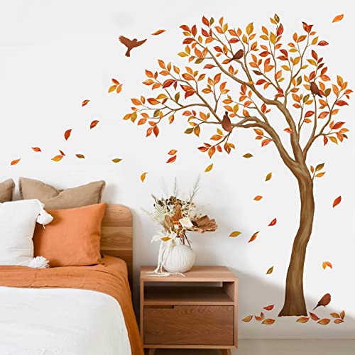 wondever Wandtattoo Baum XXL Groß Wandaufkleber Herbst Blätter Vögel Wandsticker Wanddeko für Wohnzimmer Schlafzimmer Sofa TV Hintergrund (H: 170cm) von wondever